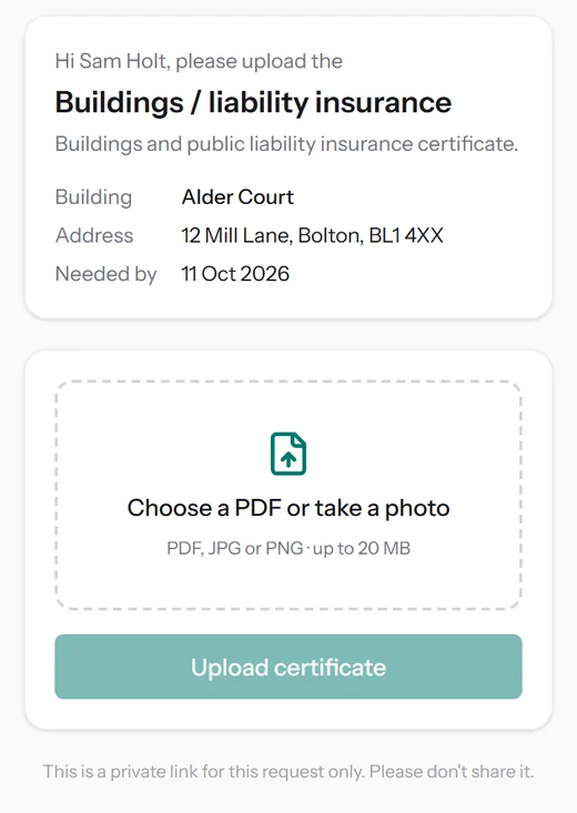 The contractor's upload page on a phone: which certificate is needed, for which building, by when, and a button to choose a PDF or take a photo.